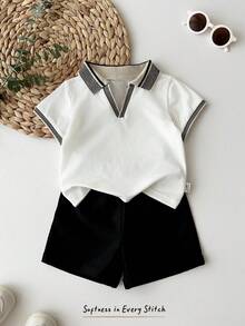 Cozy Pixies Set 2 Potong Baju Bayi Laki-laki Rajut Lembut Kerah Polo Lengan Pendek dan Celana Pendek Pinggang Elastis - MultiWarna - View 3
