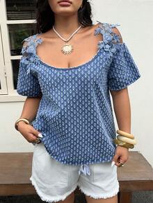 Breezaya 大尺碼女款度假時尚露肩刺繡牛仔上衣 - 藍色 - 查看 5