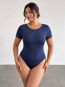 SHEIN BASICS Plus Size Solid Color Lace Patchwork Hollow Out Bodysuit Gym Brown Summer - Navy Blue - View 4