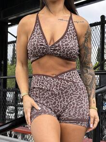 SAYEHFBABY Leopard Print Backless Halter Top And Shorts Sports Suit Sport Set Brown Sport Set Sports Outfits For Women Workout Bodysuit Sports Romper Women's Workout Sets Workout Clothes For Women Sets - Brown - View 5