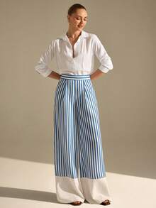 CLARA VERO High Waist Striped Wide Leg Pants Set, Relaxed Fit Elongates Legs Perfect For Beach Walks, City Strolls Or Casual Summer Days, Made In Non-Elastic Blue Stripe 100% Polyester Linen-Look Fabric For Breezy Feel And Effortless Style - Multicolor - View 5