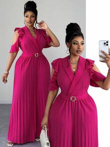 Maweii Jumpsuit Formal Elegan Musim Panas Wanita Ukuran Plus, Leher V, Bahu Terbuka, Lengan Berkerut, Celana Panjang Lebar, Romper Pesta Ninang Merah Muda Buah Naga untuk Pernikahan - Hot Pink - View 1