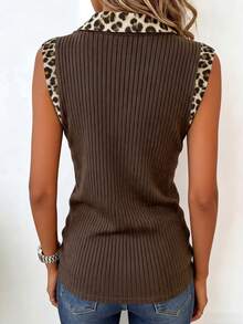 EMERY ROSE Chaleco casual de mujer con estampado de leopardo y parches, para verano - Café integral - Ver 2
