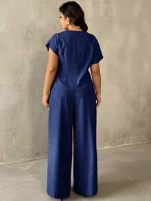 Auralis Neuer eleganter Pendler-Büromode Sommer V-Ausschnitt ärmellos Drop Shoulder Kurzarm Große Größen Top & Gerade Bein Hose/Elegantes 2 Stücke Set - Königsblau - Übersicht 3