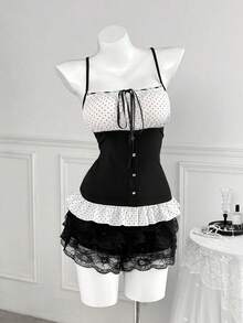 Sweetra Retro Nische Polka Punkt Patchwork Trägerhemd, schmeichelhaftes vielseitiges Crop Top mit süßem quadratischem Kragen und Puffärmeln, sexy minimalistisches schwarzes kurzes künstlerisches Polka Punkt Patchwork Trägerhemd für Frauen, Herbst - Schwarz und Weiss - Übersicht 3