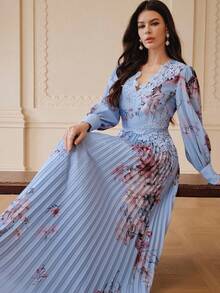 ZEYLAH Lace Patchwork Pleated Waist Fitted Long Dress, Spring/Summer - Aqua Blue - View 6