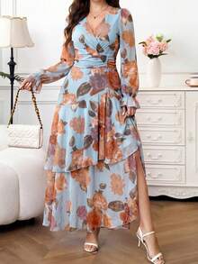 2026 Nuevo vestido largo de moda con estampado floral, volantes en el bajo, cintura ceñida y gran elasticidad, vestido de vacaciones, vestido plisado, vestido floral para mujer - Celeste - Ver 4