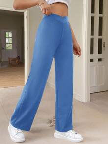 SHEIN Frenchy Women's Casual Elegant Overlapping Waist Straight Leg Pants Lounge Cornflower Blue Autumn - Blue - View 4