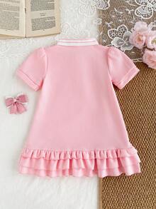 SHEIN Baby Girls' Puff Sleeve Pink Polo Collar Strawberry Print Ruffle Hem Casual Short Sleeve Dress - Pink - View 2