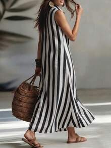 Balvessa Casual Striped Retro Sleeveless Open Front Shirt Dress, Suitable For Leisure And Work, Fashion For Women - Black and White - View 3