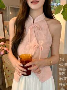 DAZY 女款立領不對稱綁帶無袖優雅休閒夏季背心，適合度假、日常、約會，粉色 - 粉色 - 查看 5