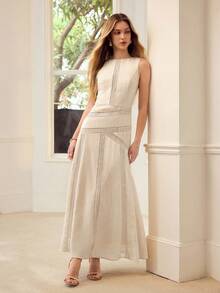 MOTF PREMIUM WOMEN'S WATER-SOLUBLE CONTRAST LACE 100% LINEN MID-LENGTH DRESS, SUITABLE FOR DATES AND VACATIONS, SPRING/SUMMER - Apricot - View 1