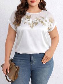 Reflora Plus Size Elegant Floral Embroidered Shirt, Summer - White - View 1