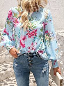 EMERY ROSE Women's Floral Print Fashion Flare Cuff Blouse For Vacation Light Blue Floral Autumn Boho - Multicolor - View 5