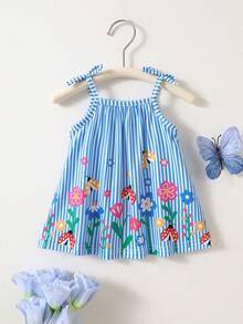 SHEIN Newborn Baby Girls' Casual Baby Girl Sweet Floral Striped Cami Dress, Summer Holiday Photoshoot Pastel Blue - Blue - View 3