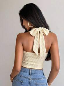 Aloruh Women's Elegant Metal Buckle Decor Cinched Waist Ruched Tie Neck Camisole,Summer Top - Yellow - View 2