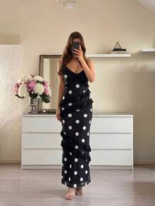 Lumalex New Sleeveless Polka Dot Ruffle Trim Dress - Black and White - View 9