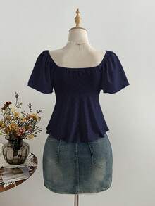 Elamini French Style Pure White Knit Jacquard Drawstring V-Neck Short Sleeve Fitted Casual Versatile Top For Women - Navy Blue - View 2