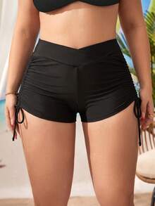 Swim Vcay Calcinha de Maiô Bikini Preta Plus Size para Mulheres, Estilo de Férias com Cintura Cruzada e Cordão, Detalhe Franzido nas Costas, Adequado para Férias na Praia e Festa na Piscina - Preto - Visão 4