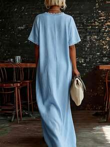 LUMIGAL Women's Cotton Linen Ruffle Patchwork Short Sleeve Dress - Blue - View 2