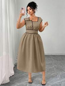 Elenzga Plus Size Women's Elegant Color Block Pleated Waist Dress, Back Cinched Design, Suitable For Daily Commute - Khaki - View 5