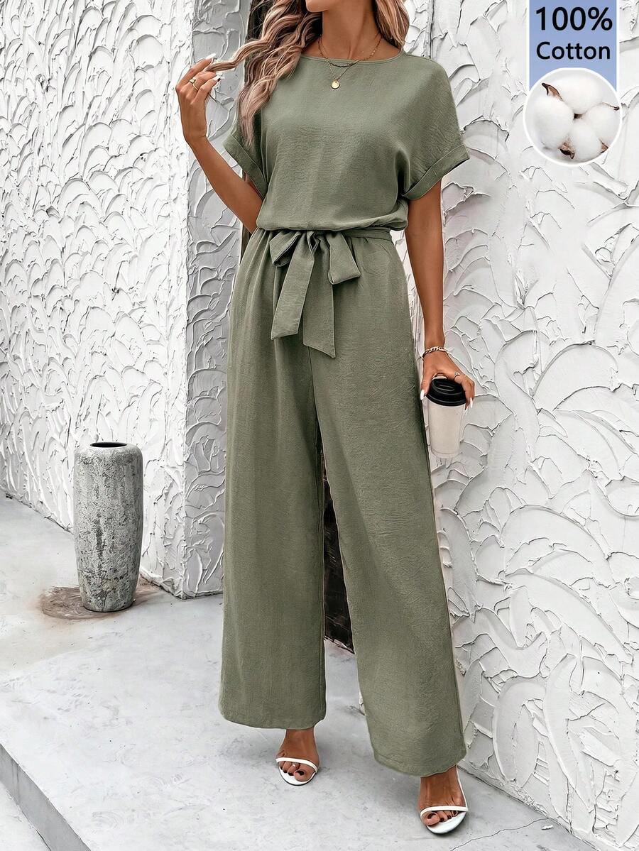 SHEIN Clasi Women's Vacation Solid Color Round Neck Batwing Short Sleeve Wide Leg Jumpsuit - Khaki - View 1