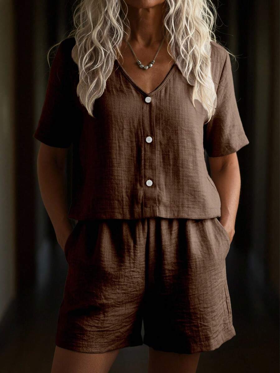 SHEIN Summer Loose Short Sleeve & Shorts 2 Pieces Set, Solid Color Minimalist Casual Outfit - Coffee Brown - View 1