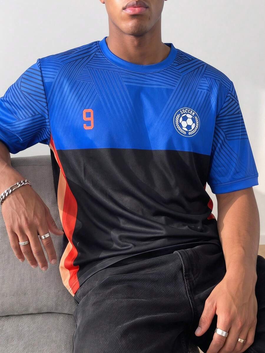 Sport MetroGents 男款對比色圓領舒適運動T恤,足球、健身、度假 - 黑色 - 查看 1