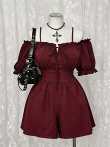 Sunspun Plus Size Summer Casual Solid Color Off-Shoulder Spaghetti Strap Romper - Burgundy - View 1