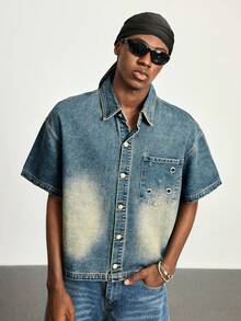 ROMWE MEN Grunge Punk Áo sơ mi denim vintage đã qua xử lý dành cho nam, áo khoác tay ngắn cổ bẻ dáng rộng thoải mái, hàng mới mùa hè. - Màu xanh lam - Xem 4
