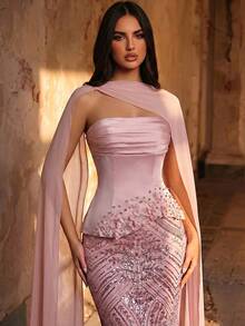Aureia Đầm đuôi cá trễ vai phối ren đính sequin sang trọng thanh lịch, dây buộc điều chỉnh được, phù hợp cho hẹn hò, du lịch, tiệc độc thân, đám cưới và các dịp trang trọng - Hồng - Xem 3