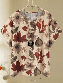SHEIN Conjunto informal de 2 piezas de top de cuello redondo y pantalones de pierna ancha con estampado de hojas para mujer de talla grande - Albaricoque - Ver 4
