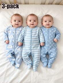3pcs Newborn Long Sleeve Footie Pajamas Set, Blue Striped Star Elephant Print, Cute & Simple, Comfortable Casual Homewear Suitable For Boys & Girls All Seasons - Blue - View 4