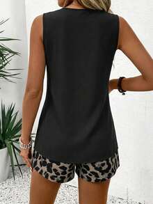 Conjunto de dos piezas casual para mujer con rayas, cuello en V y sin mangas - Negro - Ver 11