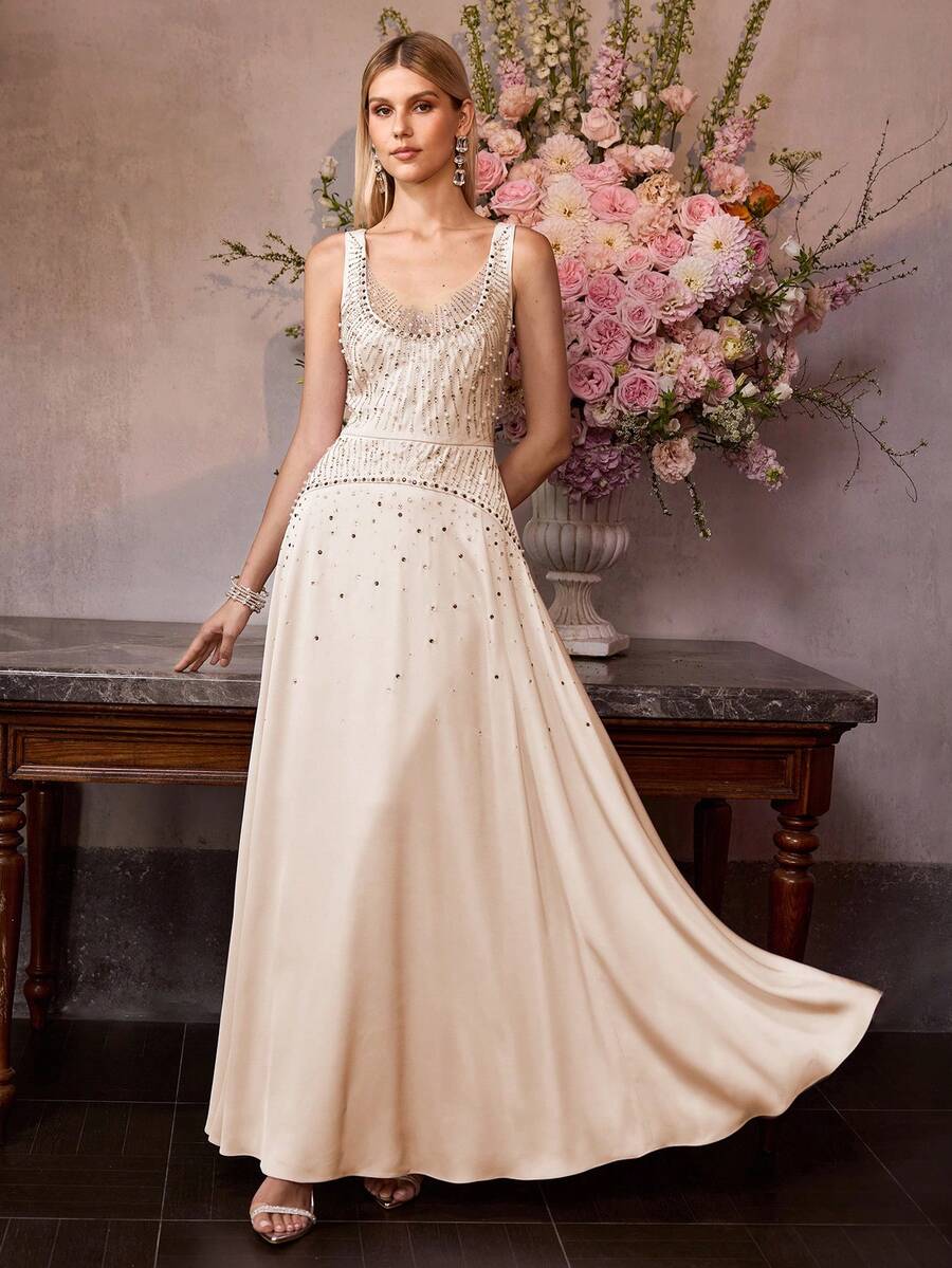 MOTF Soiréza ELEGANT RHINESTONE EMBELLISHED ROMANTIC PARTY DRESS, SPRING/SUMMER - Apricot - View 1