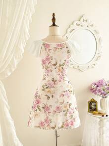 age con textura de jacquard con rosas, parches de encaje, volantes, lazo, mangas de mariposa, casual, para verano, vacaciones, fiestas, bodas, graduaciones, paseos, vacaciones, en color rosa - Rosa - Ver 8
