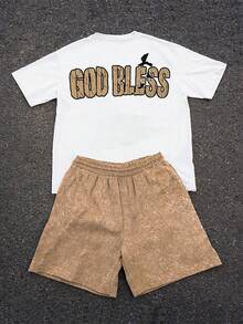 GENIUS ODE 男士創意字母「GOD BLESS」圖案印花T恤短褲套裝，街頭風，度假款 - 彩色 - 查看 2