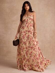 Enchnt Summer Romantic Sexy Women's Pastal Floral Print Pleated Camisole Dress Fashionable For Vacation Sea Beach Golf Dress Holiday Outfits Chic - Multicolor - View 4