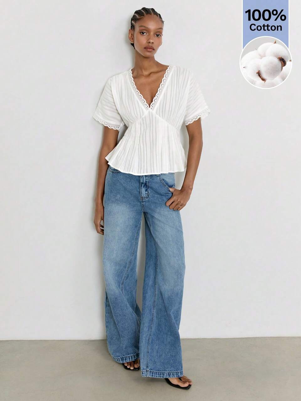 SHEIN Maija Women's White Elegant V-Neck Floral Splice Ruched Slim Fit Blouse,100% Cotton Summer Tops For ,Brunch,Vacation,Beach & Holiday Outfits