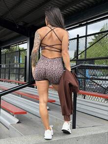 SAYEHFBABY Leopard Print Backless Halter Top And Shorts Sports Suit Sport Set Brown Sport Set Sports Outfits For Women Workout Bodysuit Sports Romper Women's Workout Sets Workout Clothes For Women Sets - Brown - View 2