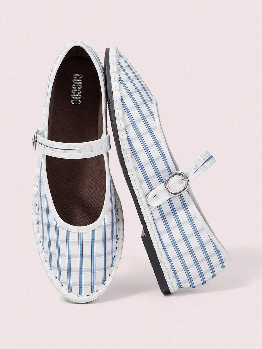 CUCCOO DOLLMOD Women's Shoes Blue Plaid Fashion Elegant Classic Comfortable Single Strap Mary Jane Flat Shoes - Blue - View 1