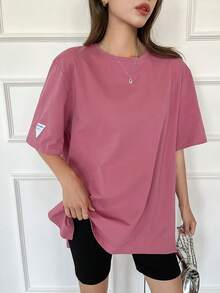 Livesso Camiseta de mujer de manga corta, estilo casual de vacaciones, holgada, con cuello redondo, estampado gráfico de letras básicas, rosa empolvado, oversize, para viajes y uso diario - Rosa Fucsia - View 5
