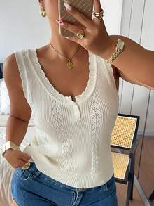 Dazy Plus 女款素色修身短款圓領蕾絲飾邊休閒度假夏季薄款針織背心，大尺碼針織毛衣背心適用於春夏季 - 杏色 - 查看 4