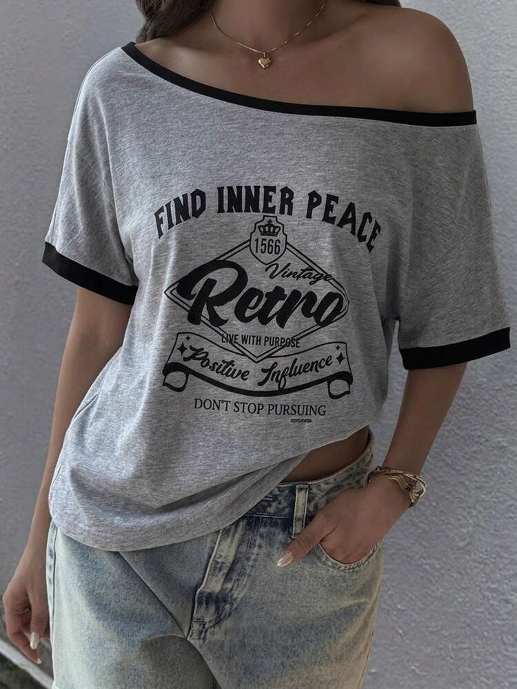 Teen Girls' Casual Printed Off-Shoulder T-Shirt, Summer