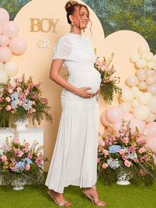 Loomaby Pregnant Women Solid Color Ruched Fishtail Hem Elegant Dress - White - View 7