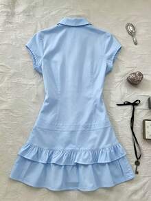 IslaSuriya Vestido corto casual de mujer con volantes en el bajo, unicolor, para verano - Azul - Ver 2