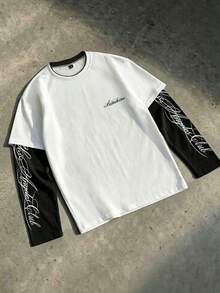 PAVTROS Men's Loose Fit Crew Neck Contrast Color Block Letter Print Long Sleeve T-Shirt,White,Autumn,Streetwear,City Break,Soft Comfortable Fabric,Basic Style - Black and White - View 4