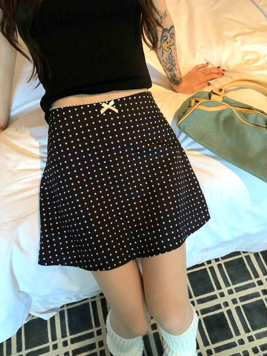 K-Vae French Polka Dot A-Line Lace Skirt, Slimming, Summer - Black - View 1
