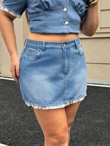 SHEIN Unity Rok Mini Denim Wanita Ukuran Besar Musim Semi/Panas dengan Kantong, Cocok untuk Kencan Malam, Formal, Warna Biru Tua, Kasual, Potongan Longgar - Medium Wash - View 4
