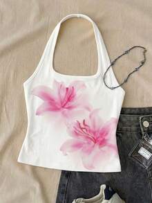 SHEIN Tween Girls' White Long Casual Halter Neck Top, Fitted Summer Tank - White - View 3